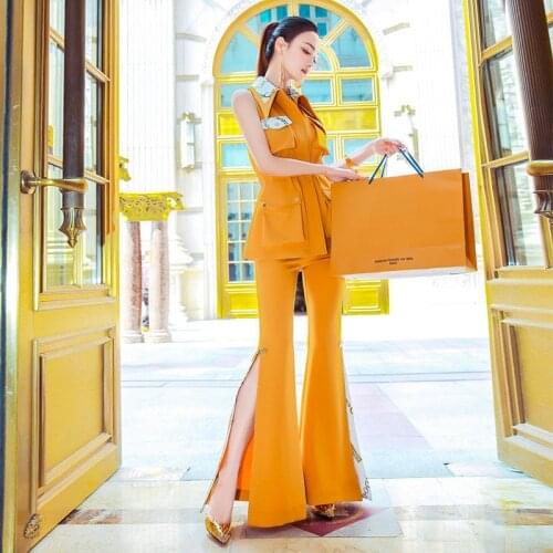 Women 2021 Summer New OL Suits Female Turn-down Collar Sleeveless Tops + Split Flare Pants Sets Ladies Slim Casual 2PCs U226