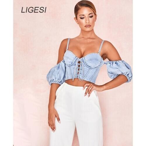 Summer style denim sexy top club Puff sleeve short tube tank top women Elastic blue jeans crop top female streetwea
