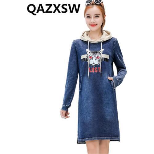 2019 New Spring Dress Denim Dress Long-sleeved Large Size Loose Fashion Casual Print Sports Hooded Sweater Women Dresses ZW021