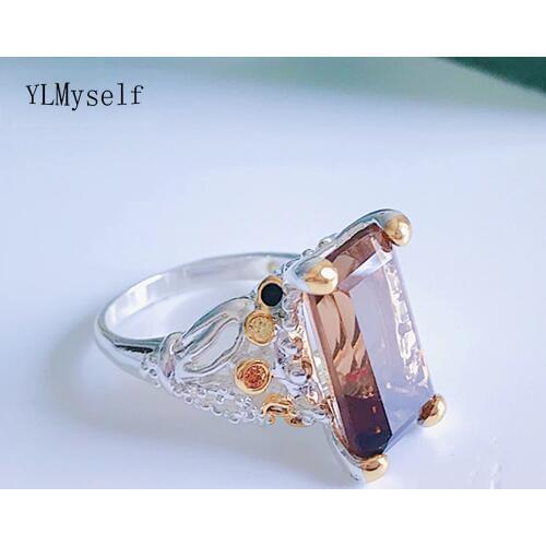 Fast shipping door to door Big Rectangle Brown Zirconia Ring Silver color Jewellery Finger Rings Women Fashion Jewelry