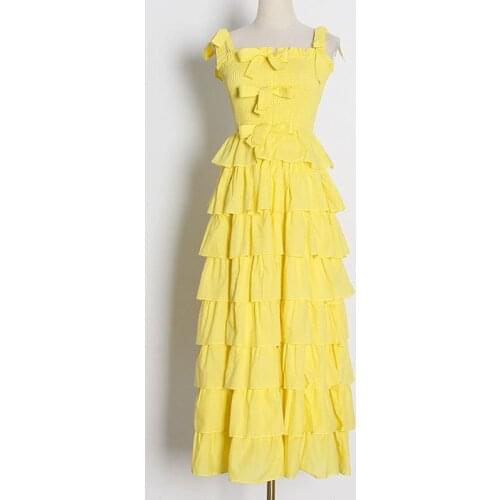 SeeBeautiful A-line Sling Dress Female Multi-layer Ruffles Patch Baw-knot High Waist Sleeveless Spring 2021 New Fashion L306