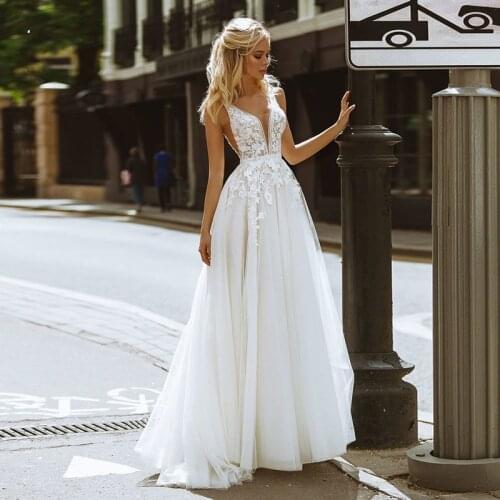 Boho вечернее платье V-Neck Appliques Lace A-Line Tulle Wedding Gown Beach Simple Bridal Dress bestidos de novia فساتين السهرة