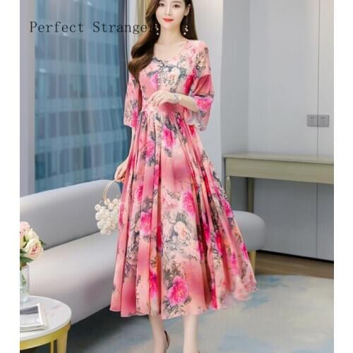 2021 Spring Summer New Arrival High Quality Elegant Flower Printed Round Collar Three-quarter Sleeve Woman Chiffon Long Dress
