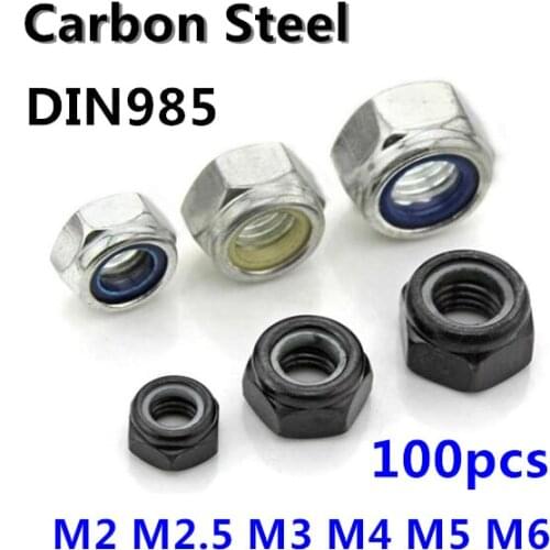 100pcs/lot DIN985 Nylon Lock Nut M2/M2.5/M3/M4/M5/M6 Nylon Insert Nut 2mm/2.5mm/3mm/4mm/5mm/6mm Carbon Steel Hex Nut