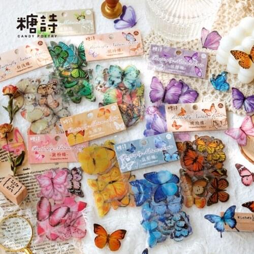 40 Pcs Kawaii Colorful Butterfly PET Sticker Pack Fresh Retro Transparent Journal Material Decorative Stickers For Kids School