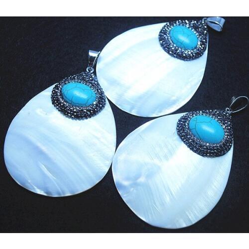 White shell pendants mother of pearl with blue turquoisee also with rhinestone teardrops size 68x53mm freshwater shell