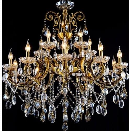 Big Crystal Chandelier Light Fixture Antique Brass Large Suspension Lustres For Home Chandelier Lamp with lampshade MD8504-L15