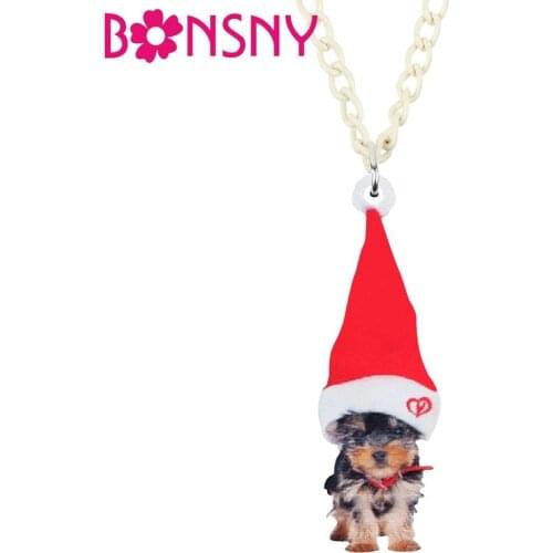 Bonsny Acrylic Christmas Hat Yorkshire Dog Necklace Pendant Chain Animal Jewelry For Women Girl Teens Decorations Gift Accessory