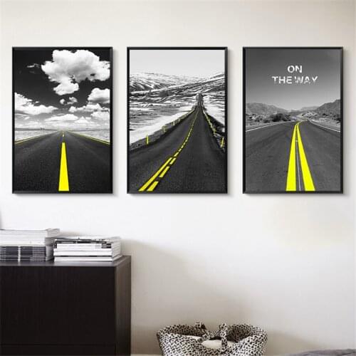 Black and White High Way Picture Home Decor Canvas Painting Wall Art Scenery Yellow Color Decor Posters Prints for Living Room