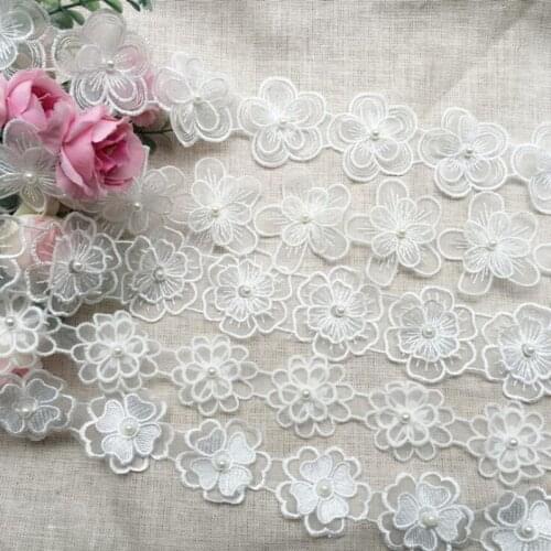White Pearl Flower Handmade Beaded Embroidered Lace Edge Trim Ribbon Double Layered Applique Dress DIY Sewing Craft