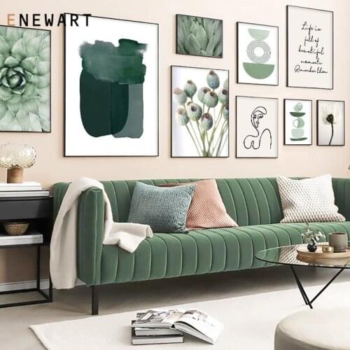 Line Geometry Abstract Canvas Painting Green Plant Cactus Wall Art Print Nordic Live Quote Poster Pictures for Living Room