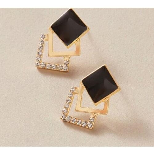 HuaTang Korean Style Geometric Crystal Stud Earrings for Women Black Enamel Square Earrings Ladies Fashion Party Jewelry Brincos