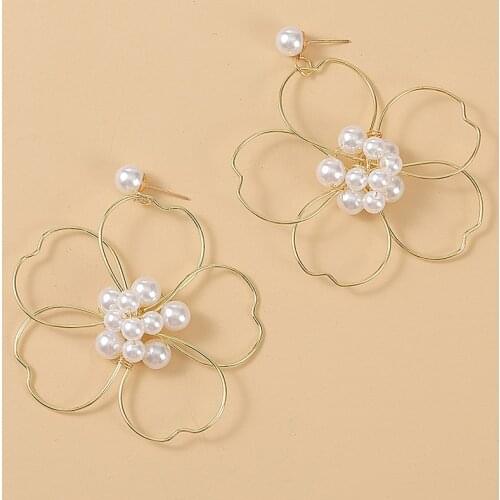Hyperbole Gold Color Metal Big Flower Earrings Hollow Alloy Simulated Pearl Dangle Drop Earrings for Women Party Jewelry Gift