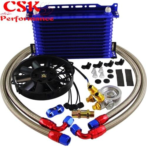 13 Row Oil Cooler Kit w/Thermostat Oil Filter Adapter Kit+7" Electric Fan Kit