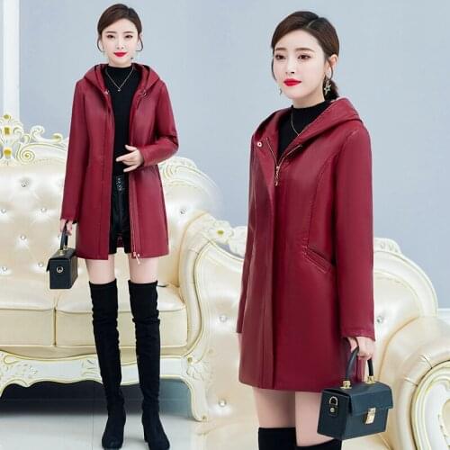 New Womens Elegant Hooded Leather Jackets Ladies Slim Soft Leather Plus Cotton Coat 5XL Female Faux Leather Clothing Outerwear