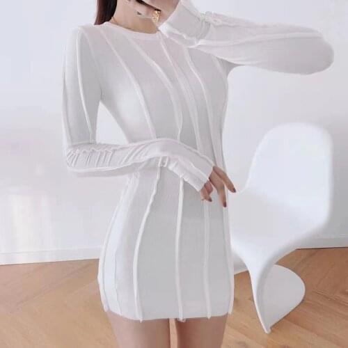 Summer Sexy Knitted Patchwork Dresses Women O Neck Long Sleeve Slim Bodycon Mini Dress Black Stretch Dress Clothes Streetwear