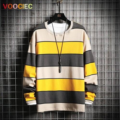 VOOCIEC 2020 Mens Crewneck Sweatshirt Men Orange Striped Oversized Japanese Streetwear Harajuku Hoodie Men Sweatshirts Male