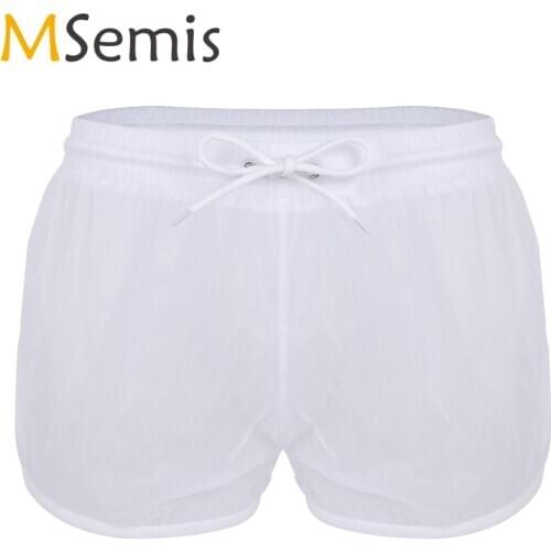 MSemis Men Sexy See Through Sheer Underwear Male Drawstring Boxer Shorts Gay Panties Casual Loose Underpants Swimming Wear