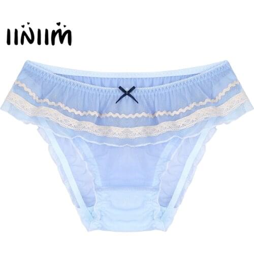 Men Lingerie Sissy Crossdress Underwear Pure Color Cosplay Briefs See-through Mesh Elastic Waistband Ruffle Trim Cute Briefs