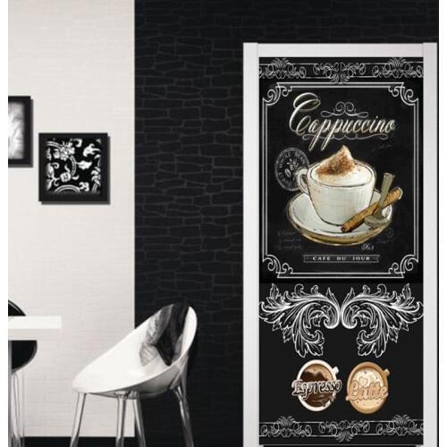 European Style Retro 3D Blackboard Coffee Graffiti Mural Wallpaper Restaurant Cafe Door Paste PVC Waterproof Door Stickers Decal