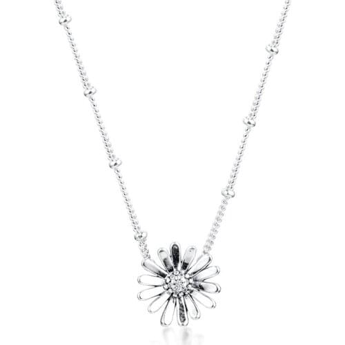 Pave Daisy Flower Collier Necklace Fit Original European Charms Sterling Silver Necklace For Woman DIY Fashion Jewelry