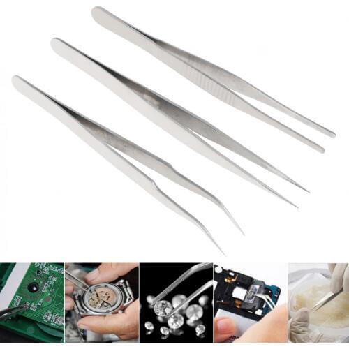 3pcs/lot 1.2MM Stainless Steel Tweezers Straight Elbow Sanding Tweezers PVC Packaging