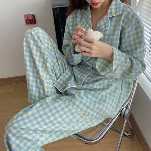 Pajamas Womens Spring Autumn Long-Sleeved Cardigan Korean Style Sweet Multi-Color Plaid Student Sleepwear Loose Pyjamas Set