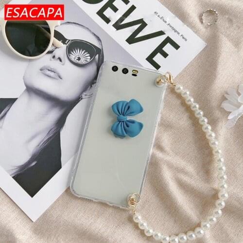 Bow-Knot Clear Phone Case For Huawei Y7P Y6P Y7A Y6S Honor 20 10 9X Pro 8X Pearl Wrist Chain TPU Cover For Huawei Mate 30 20 Pro