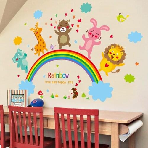 [shijuekongjian] Cartoon Animals Wall Stickers DIY Rainbow Clouds Mural Decals for Kids Rooms Baby Bedroom Nursery Decoration