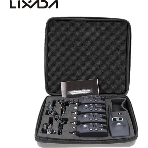 Lixada Wireless Digital Fishing Bite Alarm Fishing Alarm 4 with LCD Indicator 1 Receiver 4 Fish Swingers with Zippered Case