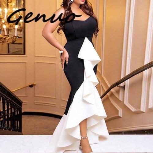 Women Long Party Dress Sexy Ruffle Patchwork Black White Contrast Color Tight Elegant Celebrate Dinner Evening Maxi Bodycon Robe