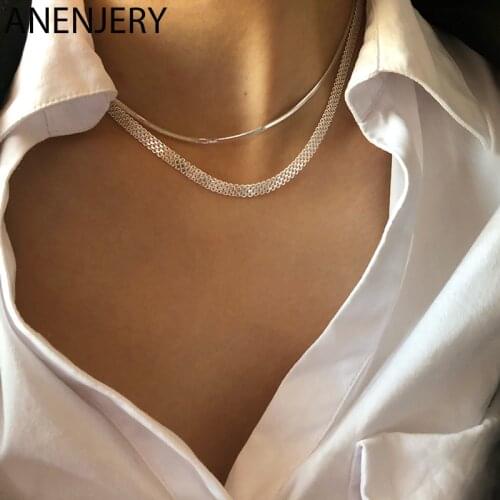 ANENJERY 925 Sterling Silver Sparkling Wide Chain Necklaces for Women Men Hot Fashion Niche Short Chain Necklaces Wholesale