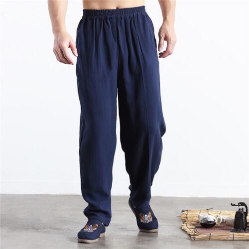 Plus Size M-6XL Fashion Men Long Pants Cotton linen New Casual Waist Tie Pure Color Loose Lantern Pants Black/White