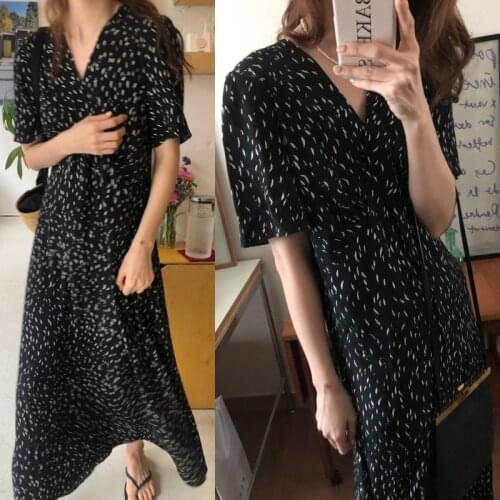 Print Women Summer Dress 2021 Vintage V Neck Long Chiffon Dress Elegant High Waist A-line Maxi Dresses Vestido Feminino 15340