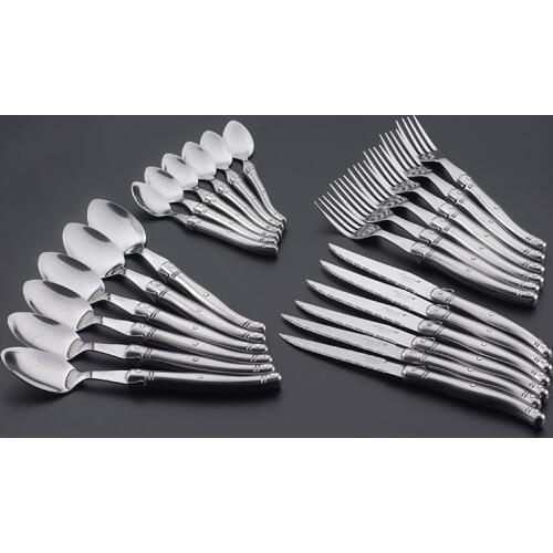 24pcs Laguiole Cutlery Stainless Steel Dinnerware Sets Wedding Party Silverware Hollow Handle Steak Knife Fork Spoon Teaspoon