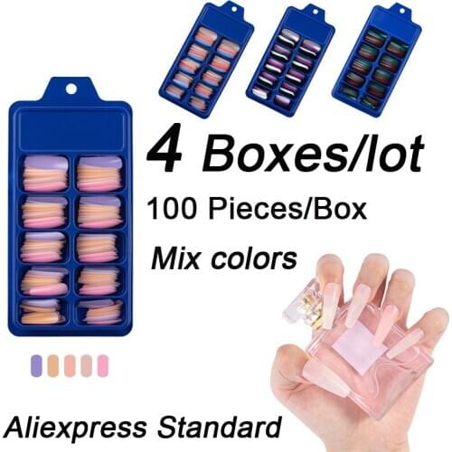 4 Boxes/Lot Mixed Colors 100 Pieces Colored Coffin Ballerina False Nail Tips Stick On Fake Nail DIY Full Cover