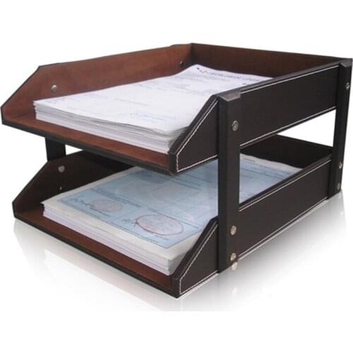 A4 Document File Organizer Tray Double Layers Desk PU Leather Paper Holder Magazine Rack Storage Holder School Office Supplies