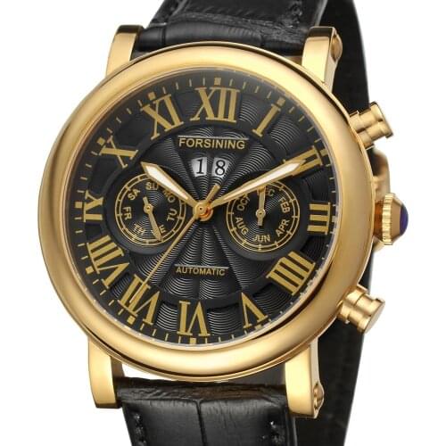 FORSINING Men Watch Dress Brand Fashion Business Automatic Mechanical Clock Gold Black Wristwatches Black Band Genuine Leather