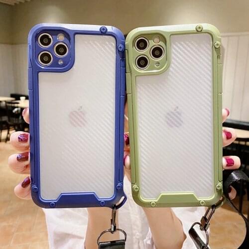 Armor Shockproof Sturdy Bumper Lanyard Phone Case For iPhone 12 Pro 11 Pro Max XR XS Max X 7 8 Plus Matte Transparent Back Cover