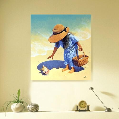 The girl collecting shells on beach digital paint by numbers wall canvas art with frame gift for children room decor