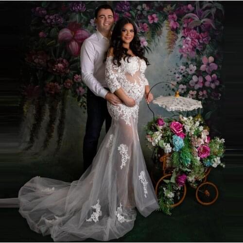 Elegant White Lace Ruffles Tulle Long Maternity Dress To Photography Sexy See Thru Mesh Pregnant Women Dresses Off The Shoulder