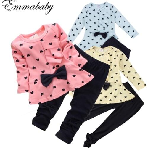 Emmababy 2PCS Toddler Kids Baby Girl Dress Outfits Tops Shirt Bow Long Sleeve Clothes Set Autumn 2-5T