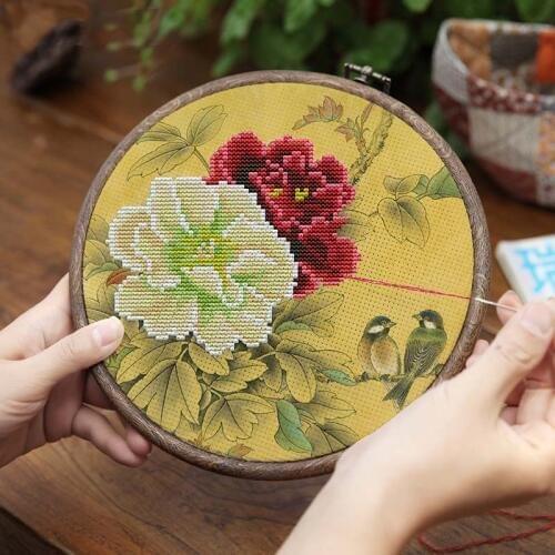 Europe Vintage Embroidery Cross Stitch Kit Three-dimensional fabric Pre-Printed Needlework Flower Pattern with Embroidery Hoop