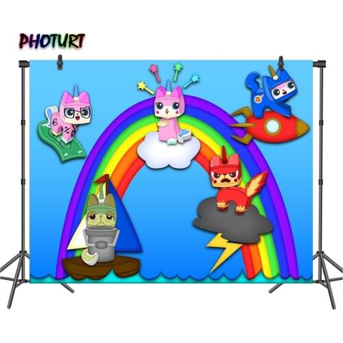 PHOTURT Rainbow Cat Photography Backdrop Kids Birthday Party Supply Background Blue Kitty Vinyl Photo Banner Studios Props