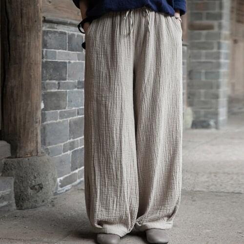 Johnature Vintage Cotton Linen Women Pants 2021 Summer Casual Harem Pants Elastic Waist Lace Up Loose Long Pants