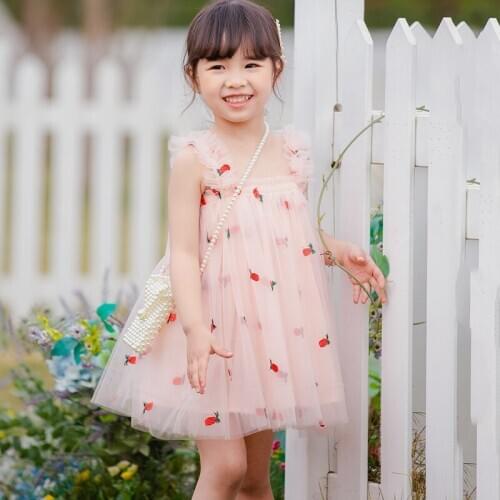 Summer Girls Dress Ruffle Sleeveless Girls Vestidos Fruit Printed Infantil Kids Mesh Princess Party Costumes DT011