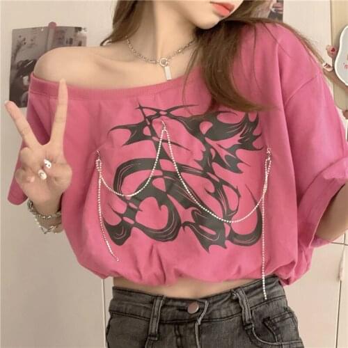 Zoki Print Fashion Chain Women T Shirt Loose Short Sleeve Summer Crop Tops White Pink Causal O Neck Female Tees New 2021