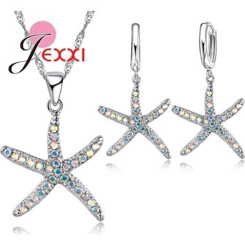 Trendy Lovely Starfish 925 Sterling Silver Jewelry Sets Free Shipping Wedding Best Selling Party Necklace And Earrings