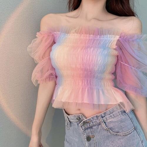 2021 Summer New Rainbow Blouses Women Puff Sleeve Cute Square Collar Short Tops Japanese Korean Soft Girl Chiffon Blouse Shirts