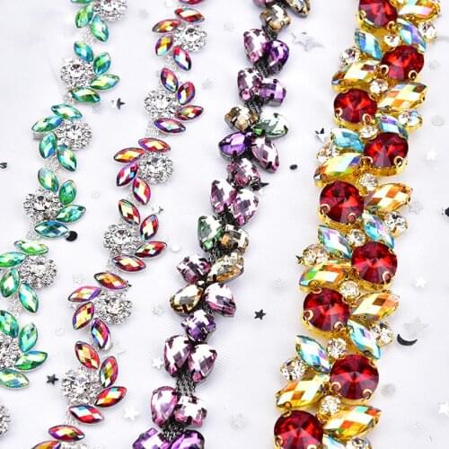 New High Quality 1yard/Lot Rhinestone Trim Mix Color Crystal Flower Chain Wedding Decoration Sew On Garment Diy Accessories